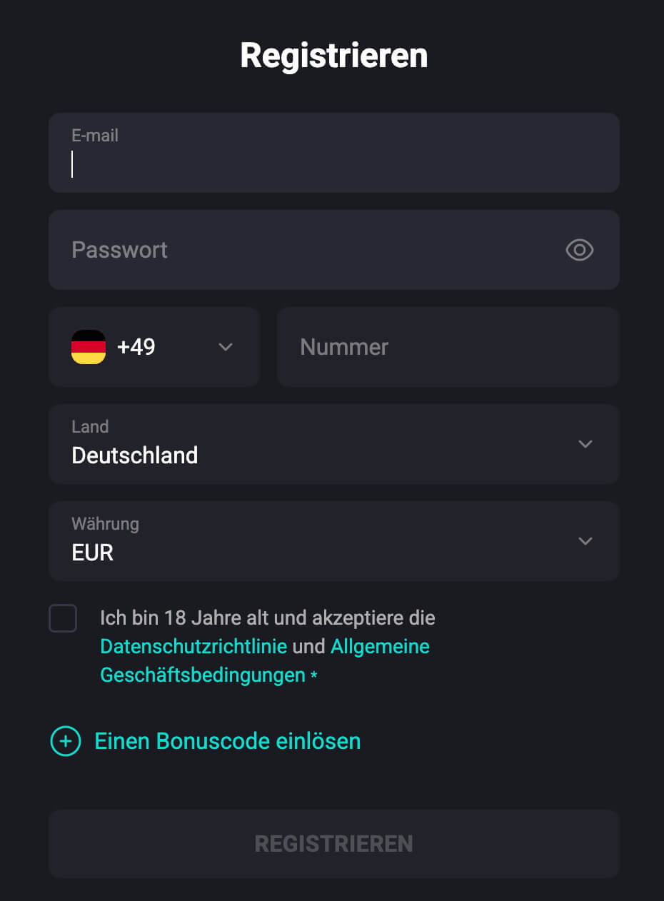 Screenshot des N1Bet-Registrierungsformulars mit Feldern für E-Mail, Passwort, Währungsauswahl und Altersbestätigung